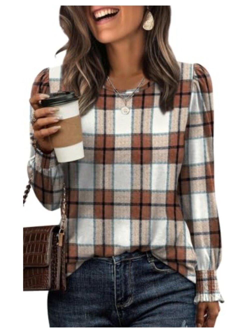 Womens Long Sleeve Puff Sleeve Tunic Blouse Smocked Cuffs Dressy Casual